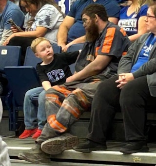 A coal miner went the extra mile to watch a basketball game with his son.