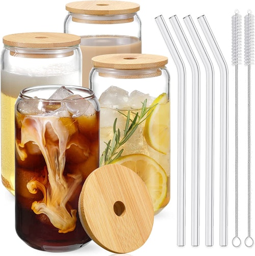 NETANY Can Shaped Glasses with Bamboo Lids & Glass Straws