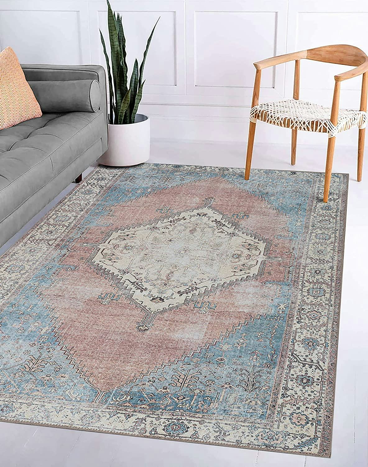 This machine-washable rug under kitchen table has a vintage, distressed look.