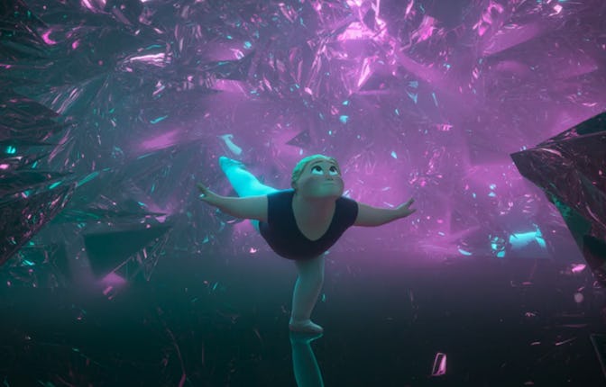still image from animated film 'Reflect' of ballerina posing with bright pink colors behind her