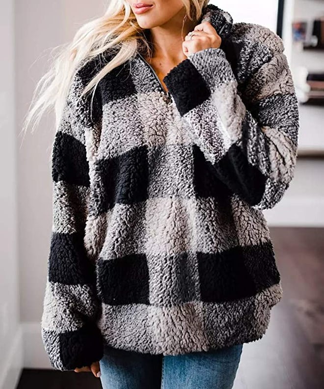 ZESICA Plaid Long Sleeve Sherpa Pullover