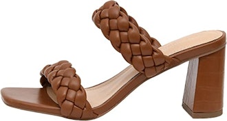a pair of braided nude heel sandals with memory foam