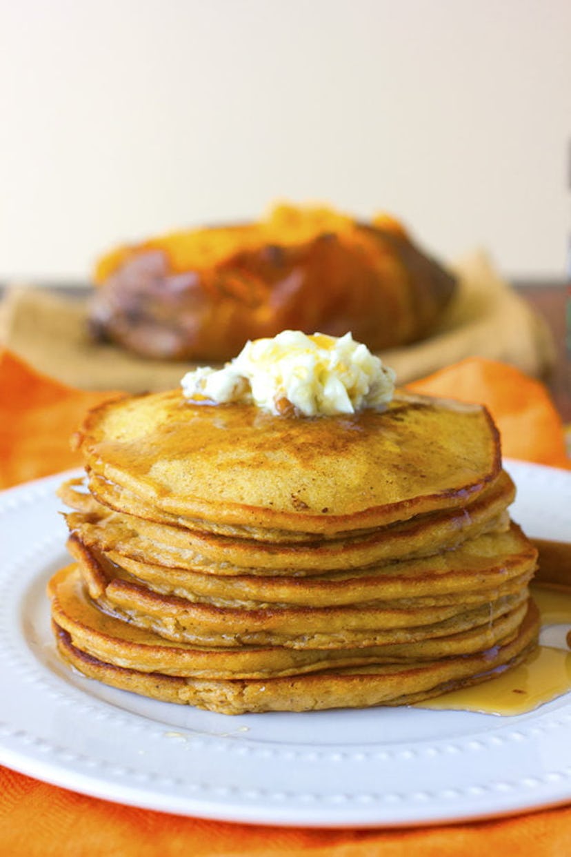 This sweet potato recipe makes a stack of light and fluffy pancakes.