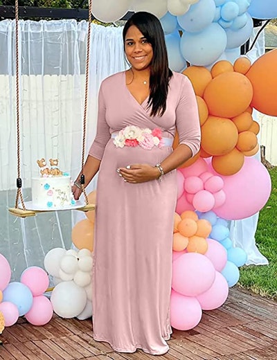 Featuring a pretty (and detachable) flower sash, this KIM S style is one of the best maternity dress...