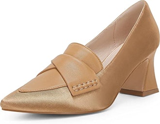 a pair of nude heel loafers