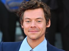 Harry Styles posing with a big smile wearing a blue suit.