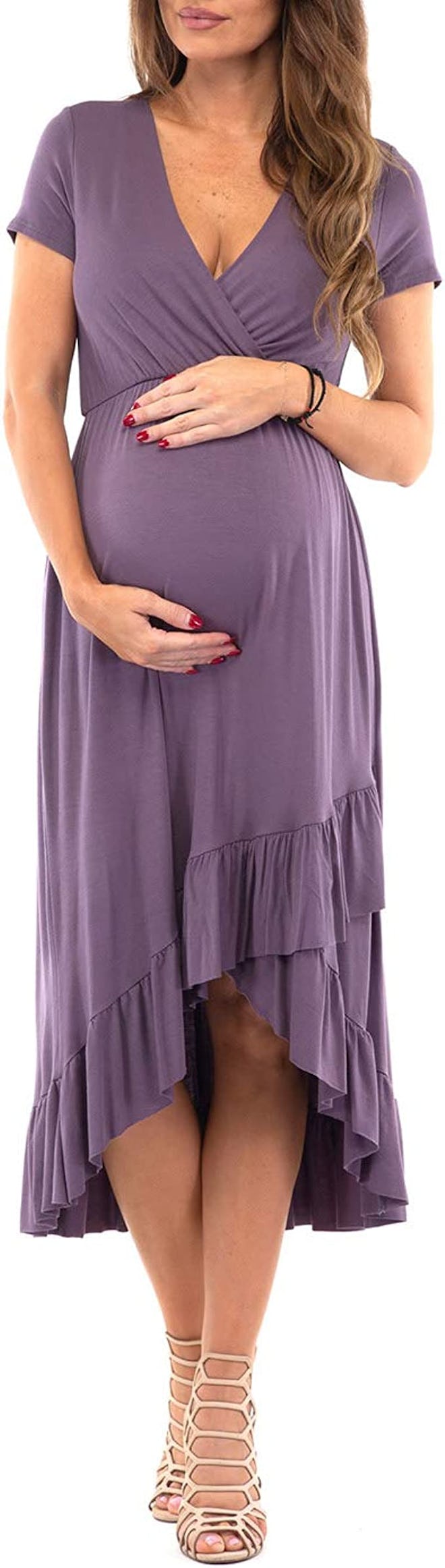 With its sweet ruffled hem, this Mother Bee style is one of the best maternity dresses for a photosh...