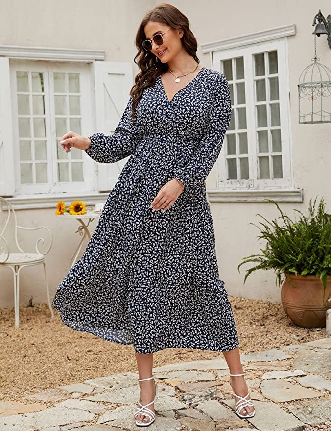 KOJOOIN V Neck Wrap Maxi Dress