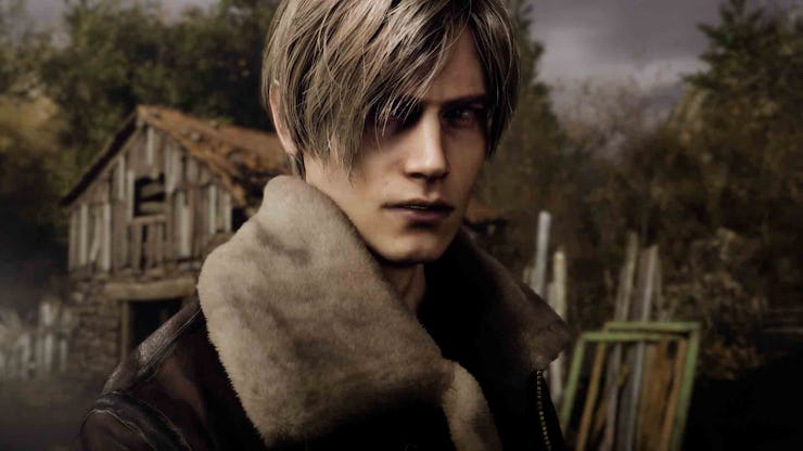 Leon Kennedy wearing a brown leather jacket while standing next to the village house