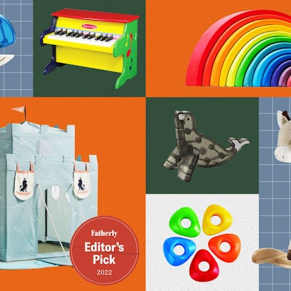 Best Gifts For 2-Year-Olds a rocking horse, a toy piano, a whale and a toy castle