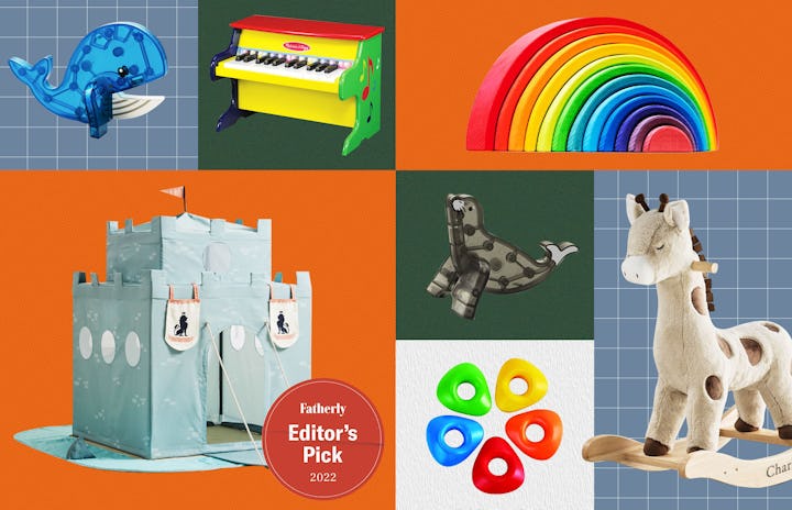 Best Gifts For 2-Year-Olds a rocking horse, a toy piano, a whale and a toy castle