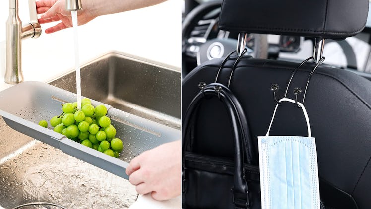 A collage with Blue Ginko Over the Sink Strainer Basket and Savori Backseat Hanger Hooks