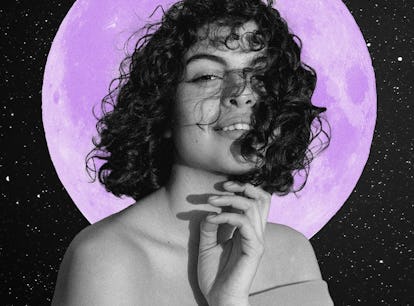 Young woman in front of a purple moon as the planets retrograde in November 2022.