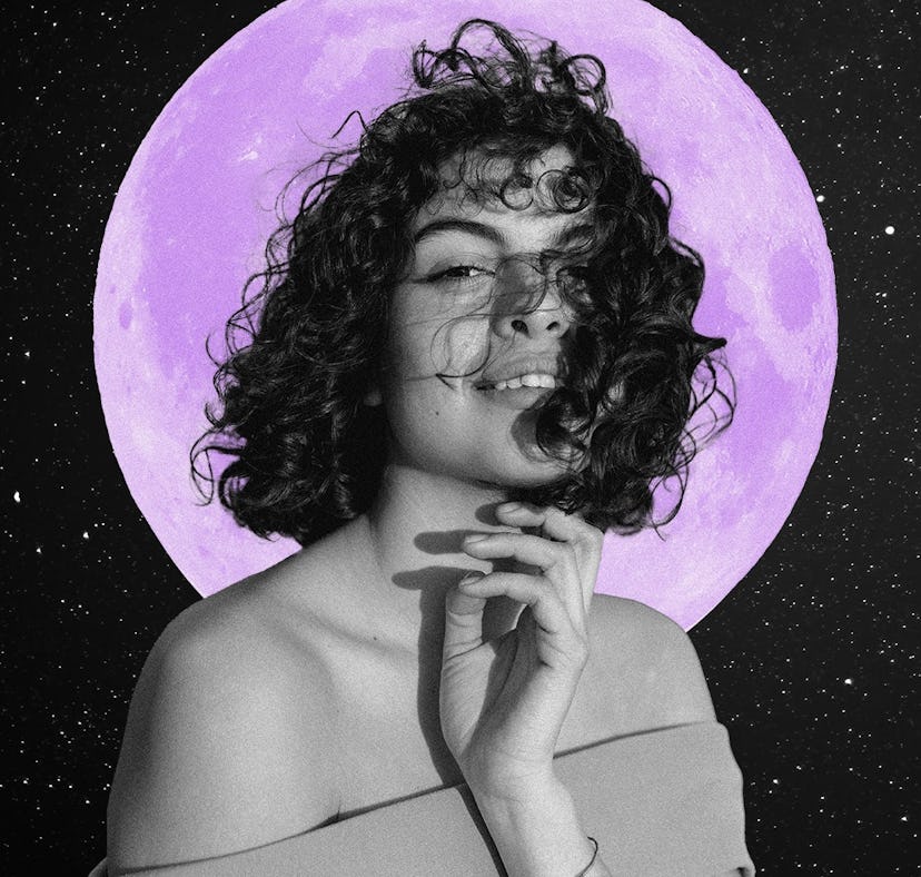 Young woman in front of a purple moon as the planets retrograde in November 2022.