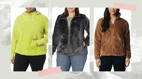 Three models in green, black and brown plus-size fleece jackets