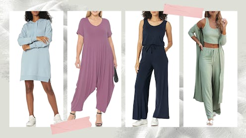 A sweatshirt dress, a harem-pant jumpsuit, a spaghetti-strap jumpsuit and a 3-piece loungewear set a...