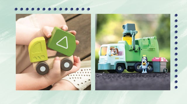 A two-part collage of a little garbage truck toy and other figurine accessories