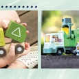 A two-part collage of a little garbage truck toy and other figurine accessories