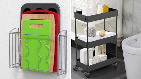 SimpleHouseware over the cabinet door organizer holder and AOJIA Slim 3-Tier Storage Cart as organiz...
