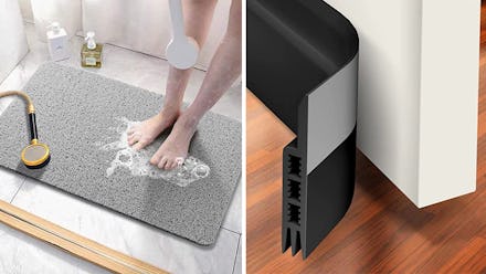 A man showering on a textured bath mat, and a door draft stoppers used to soundproof a home