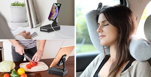 The Dot&Dot Twist Memory Foam Travel Pillow and a Non-Slip Cell Phone Stand With A Bluetooth Speaker