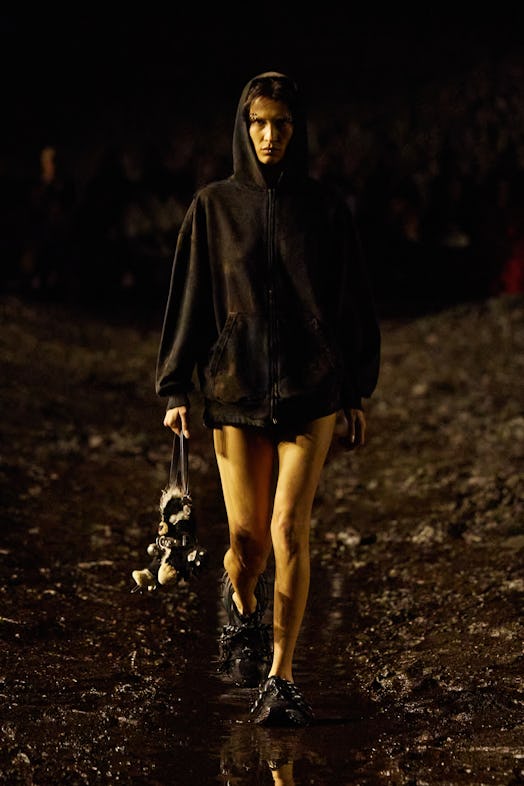 Bella Hadid walking the mud Balenciaga show 