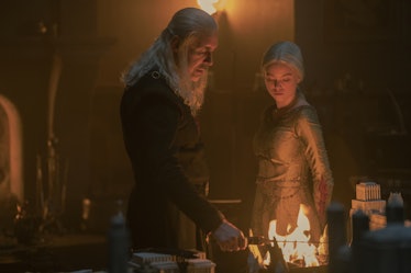 Paddy Considine and Milly Alcock as Viserys and Young Rhaenyra Targaryen in House of the Dragon