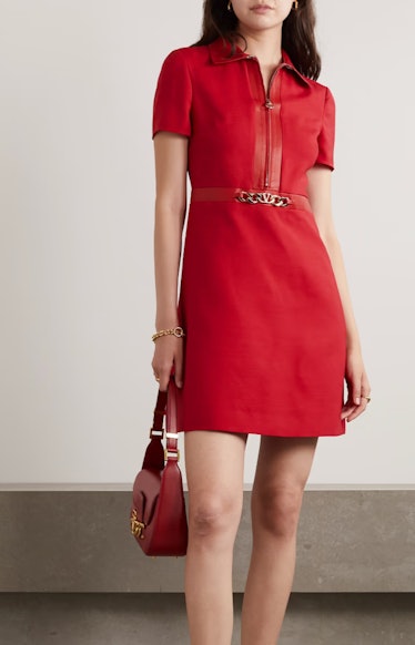 Embellished Leather-Trimmed Mini Dress