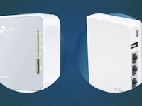 A blue background with photos of two of the best travel routers on top.