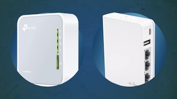 A blue background with photos of two of the best travel routers on top.