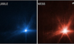 Hubble on the left and Webb on the right, show observations of the Didymos-Dimorphos system several ...