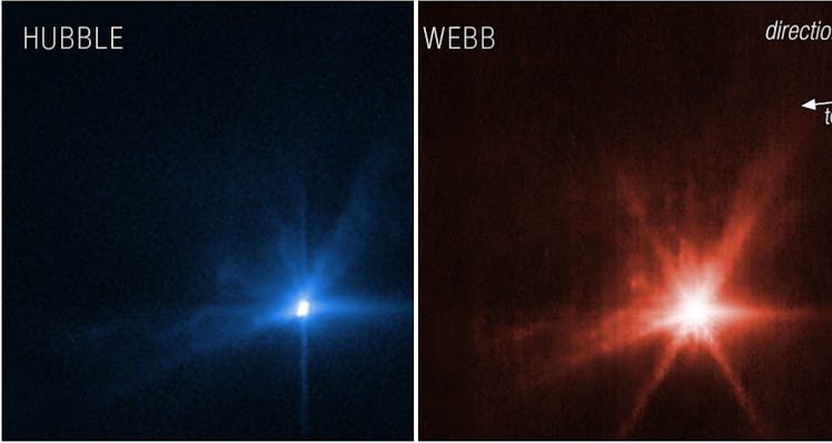 Hubble on the left and Webb on the right, show observations of the Didymos-Dimorphos system several ...