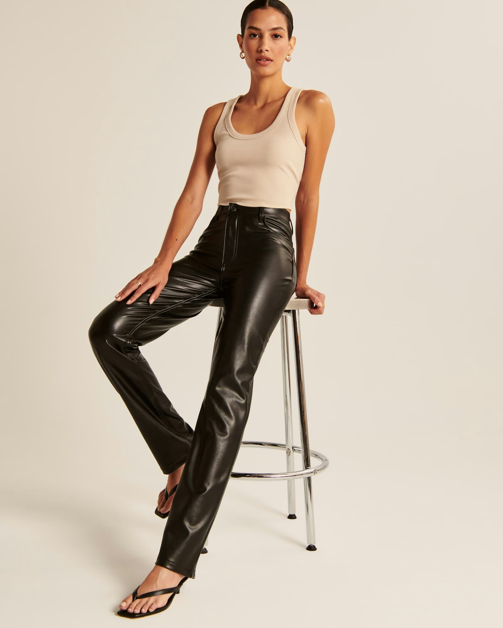 Criss-Cross Waistband Vegan Leather 90s Straight Pants