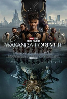 Black Panther: Wakanda Forever' poster with the main characters side by side and the movie name at t...