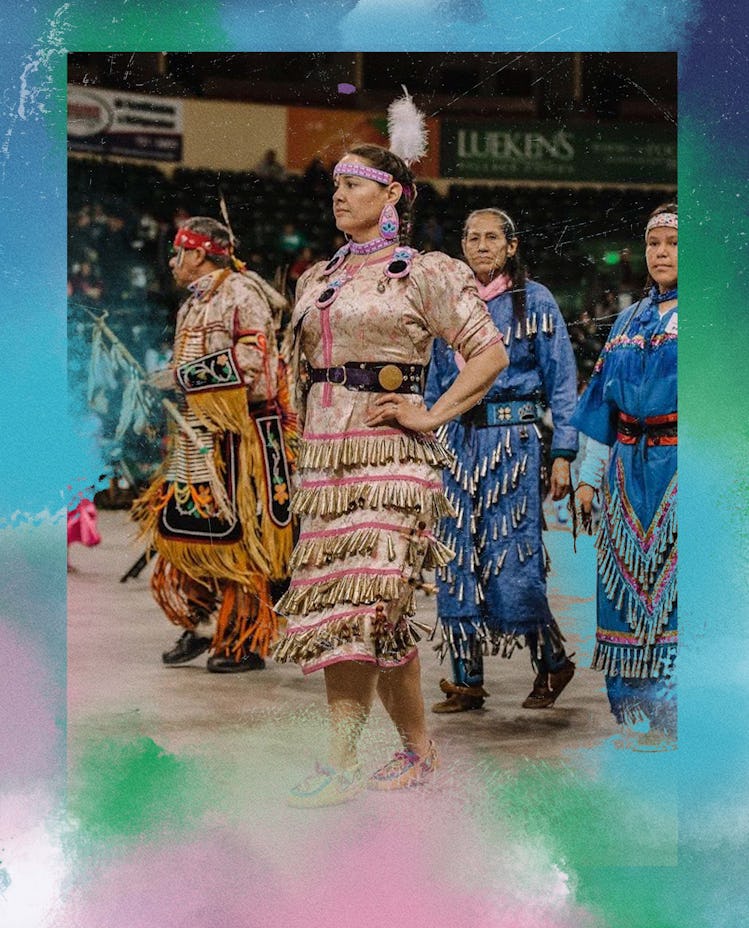 Midwife Rebekah Dunlap dancing in traditional regalia, a jingle dress