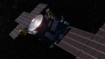 Color illustration of a spacecraft in space with large solar panels deployed