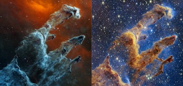 Two side-by-side images of the Pillars of Creation. On the left, three columns of bluish-gray dust r...