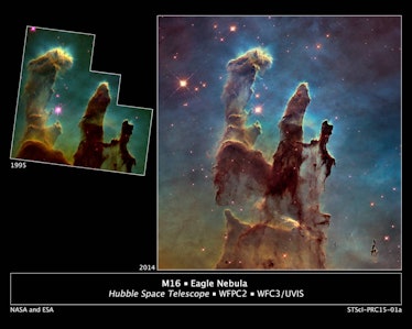 The original 1995 Hubble Space Telescope image appears on the left. It is small and darker than the ...