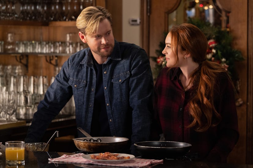 Lindsay Lohan and Chord Overstreet star in "Falling for Christmas."