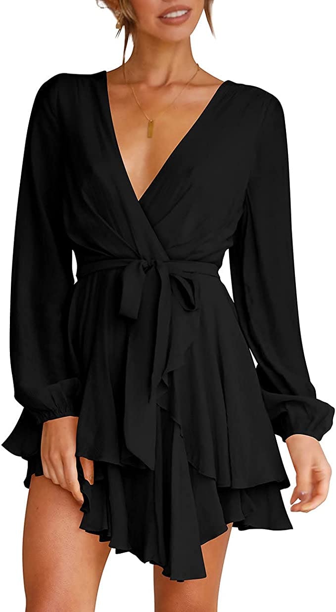 Cosonsen Deep V-Neck Ruffle Mini Dress