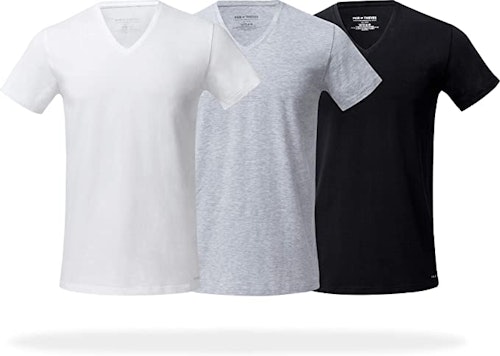A V-neck undershirt with a little stretch can give a comfortable fit under a white dress shirt.