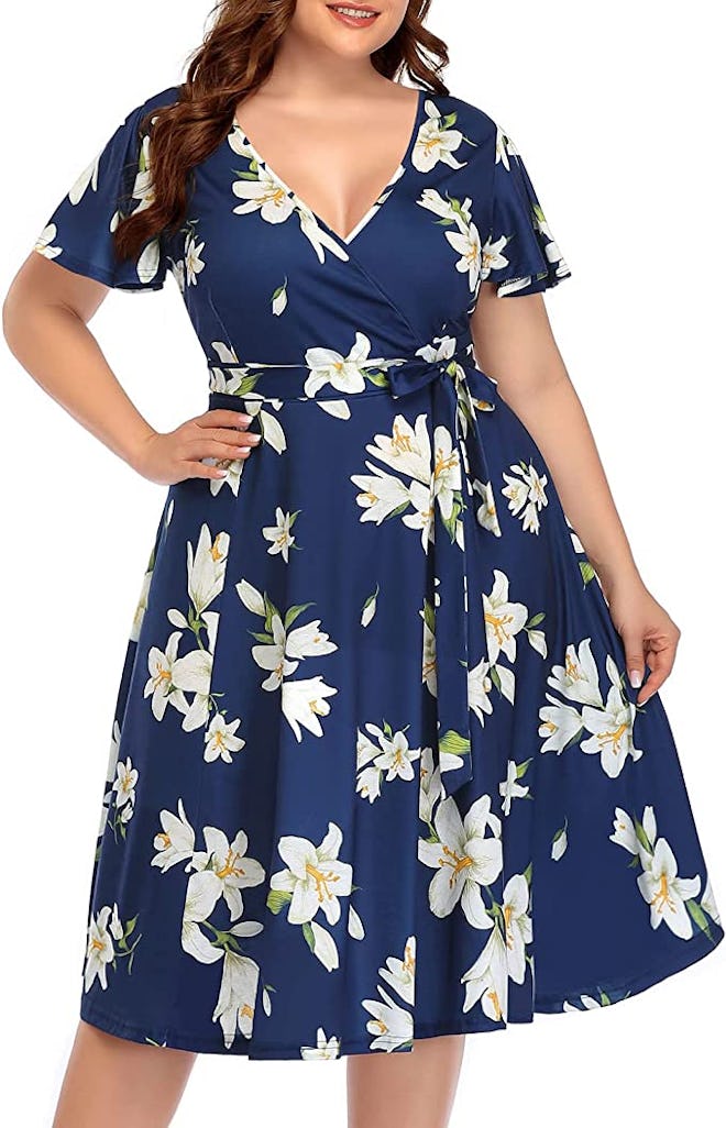 Pinup Fashion V Neck Wrap Midi Dress