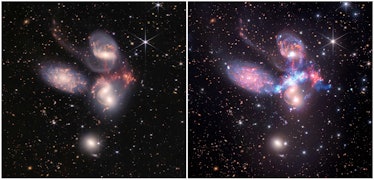 Stephan’s Quintet. Chandra X-ray data (right) appears as a bright blue band where galaxies are colli...