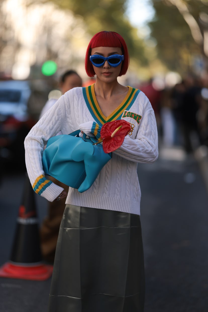 Kiwi Lee Han seen wearing a total loewe look, outside Loewe during Paris Fashion Week on September 3...