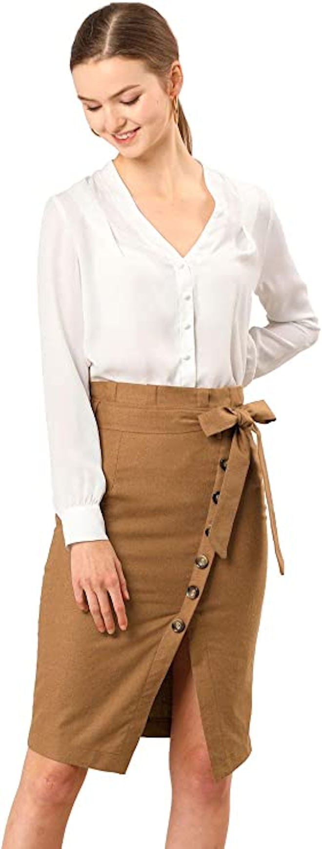 Done in a linen blend with pretty details, this Allegra K option is one of the best pencil skirts. 