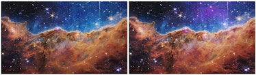 JWST’s image of the “Cosmic Cliffs” of the Carina Nebula (left) became public on July 12, 2022. The ...