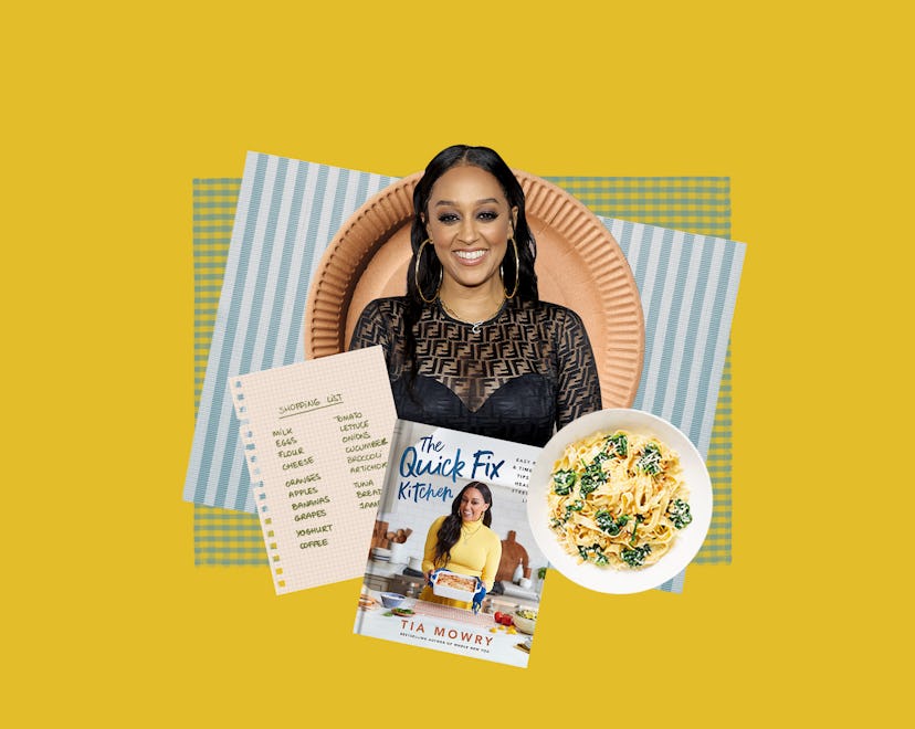 Tia Mowry with a shopping list, her cookbook and a home cooked meal