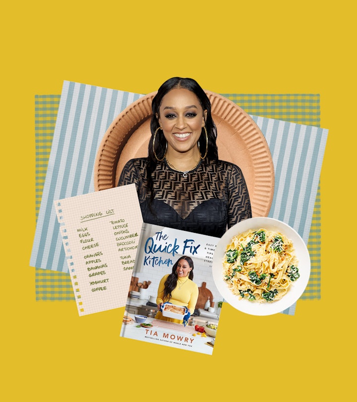 Tia Mowry with a shopping list, her cookbook and a home cooked meal