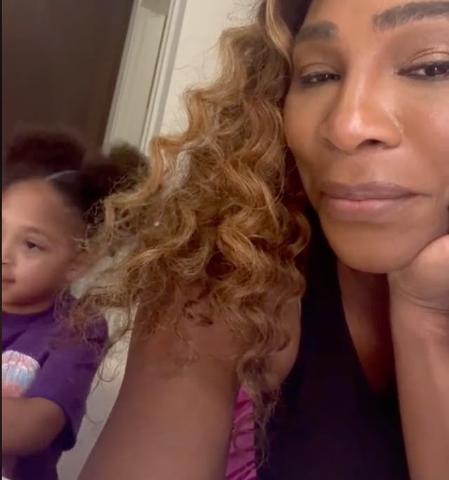 Serena Williams filming herself and her daughter Olympia Ohanian who's playing with tampons