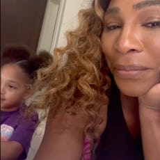 Serena Williams filming herself and her daughter Olympia Ohanian who's playing with tampons